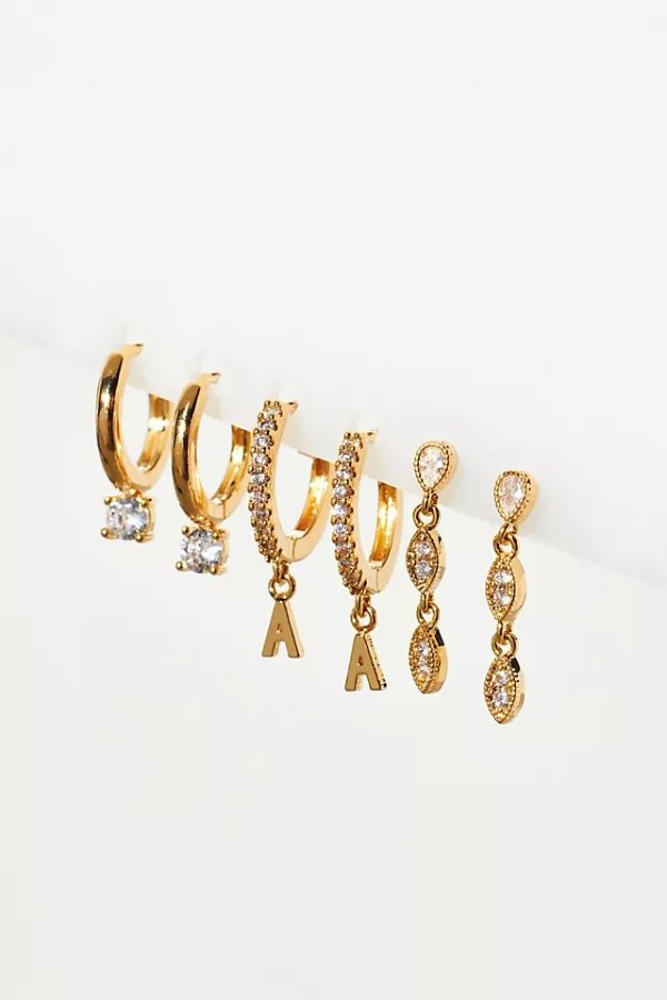 Set of Three 14k Gold Monogram Earrings