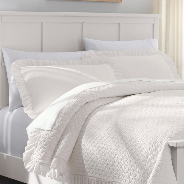 Evalee Cotton Ruffled 2-Piece Ivory Solid Twin Quilt Set