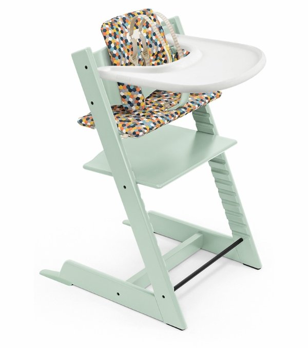 Tripp Trapp High Chair and Cushion with Stokke Tray Bundle - Soft Mint / Honeycomb Happy / White