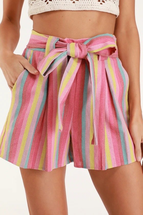 Priyanka Pink Multi Striped Belted High Waisted Shorts