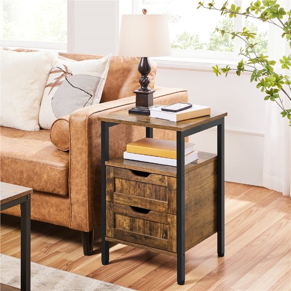 Set of 2 Wooden Nightstand with 2 Drawer for Living Room, Rustic Brown