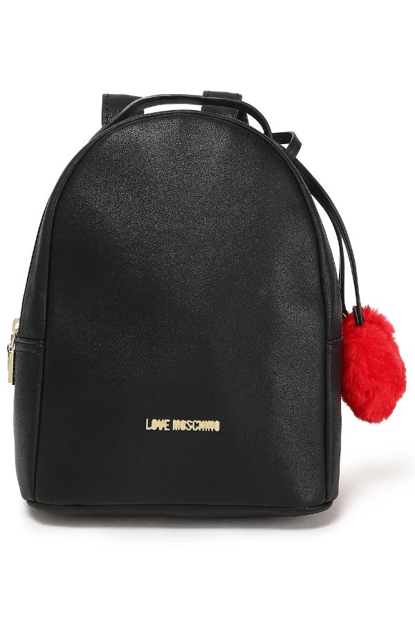 Pompom-embellished faux leather backpack