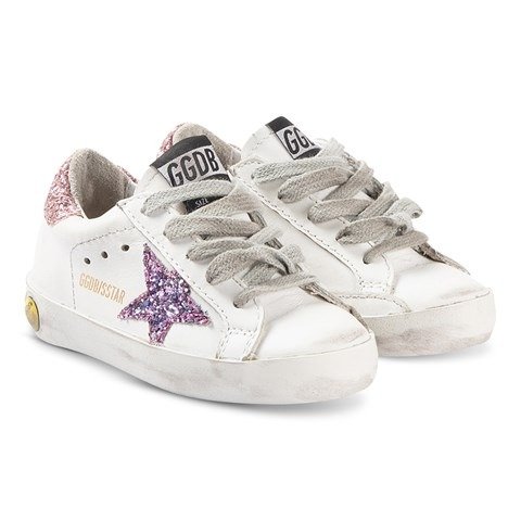White Leather Superstar Sneakers with Purple Glitter Star | AlexandAlexa