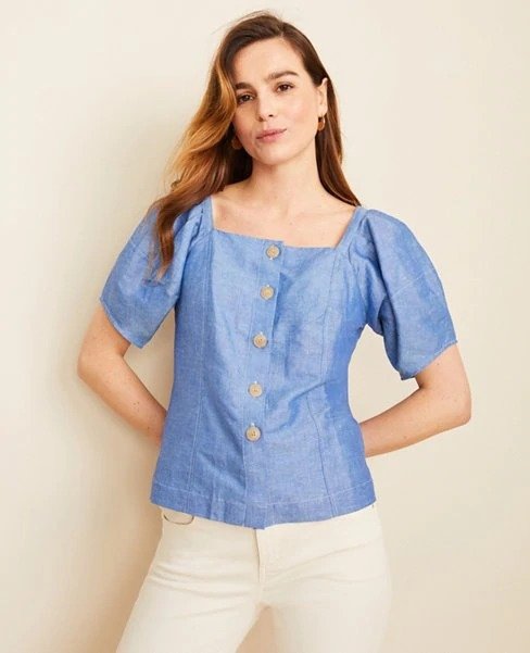 Chambray Puff Sleeve Top | Ann Taylor