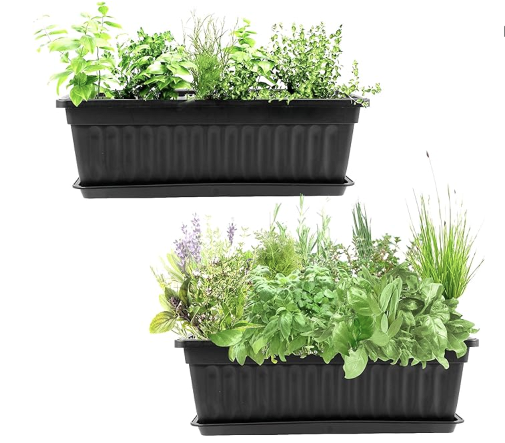 长方形花盆 6个 JOIKIT 6 Packs 17 Inches Black Plastic Flower Window Box Planters with Trays