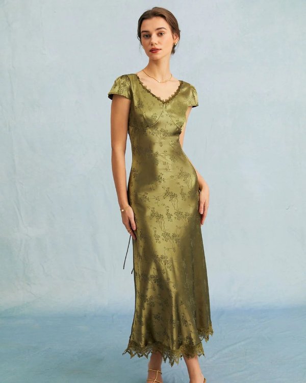 The Green Jacquard Cap Sleeve Satin Midi Dress