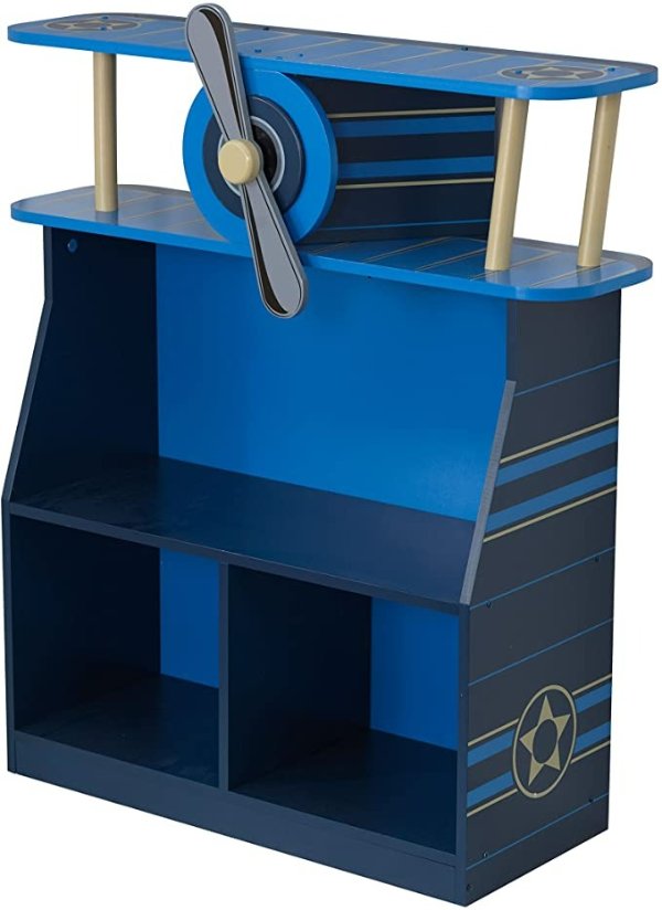 Wooden Airplane Bookcase with Three Shelves and Spinning Propeller - Blue, Gift for Ages 3+ 29 x 10.2 x 31.8