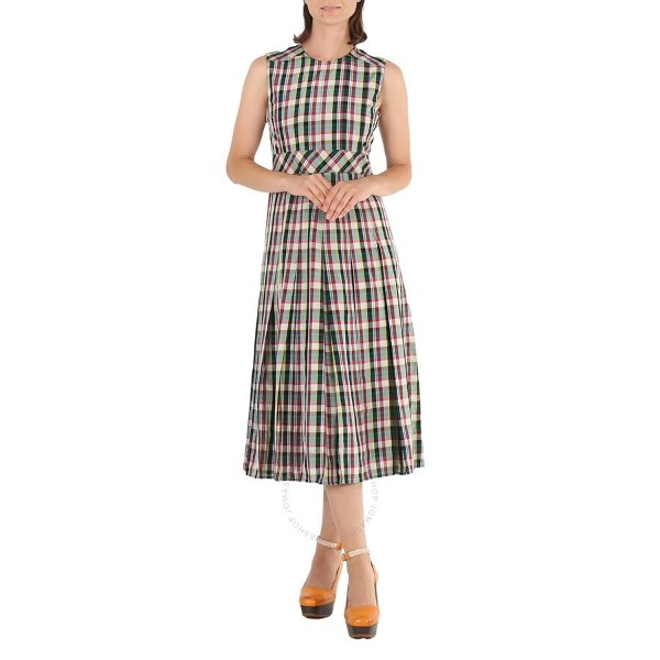 Sleeveless Pleat Detail Check Georgette Pine Green Dress