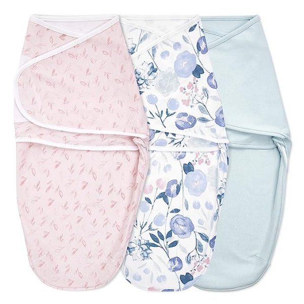 , Cotton Knit Baby Wrap, Newborn Wearable Swaddle Blanket, 3 Pack, Flowers Bloom, 0-3 Months