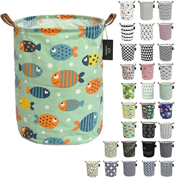 laundry baskets,bedroom hamper,kitchen organization,Waterproof Round Cotton Linen Collapsible storage basket. (Colour Fish)