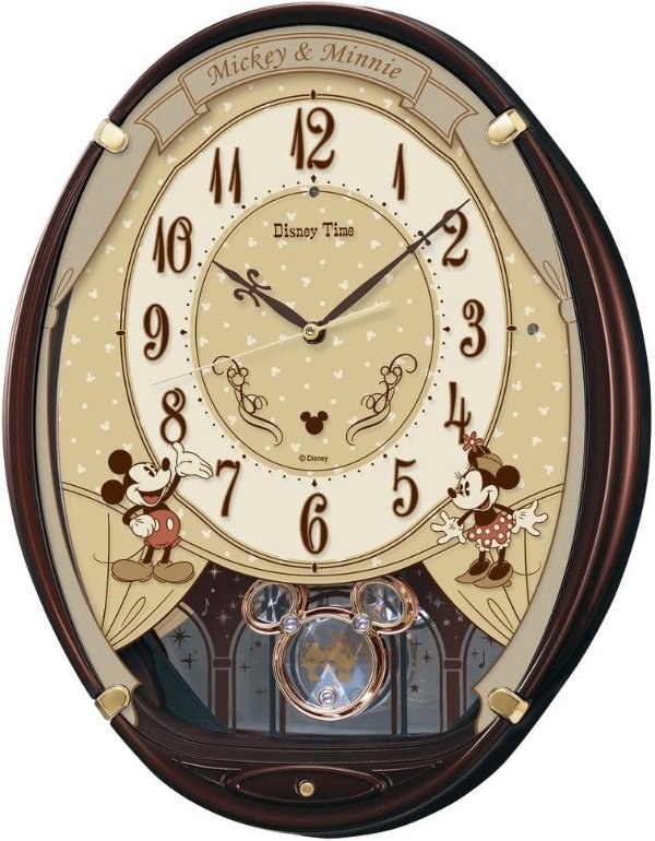 Clock FW579B Wall Clock, Character, Disney Mickey Mouse, Minnie Mouse, Radio, Analog, 6 Songs, Melody, Disney Time, Brown, Metallic