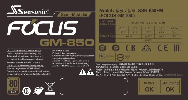 Focus GM-850, 850W 80+ Gold, Semi-Modular