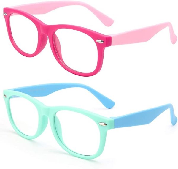 2 Pack Kids Blue Light Blocking Glasses Girls & Boys Age 3-15, Anti Glare & UV, Computer Gaming Screen Eyeglasses