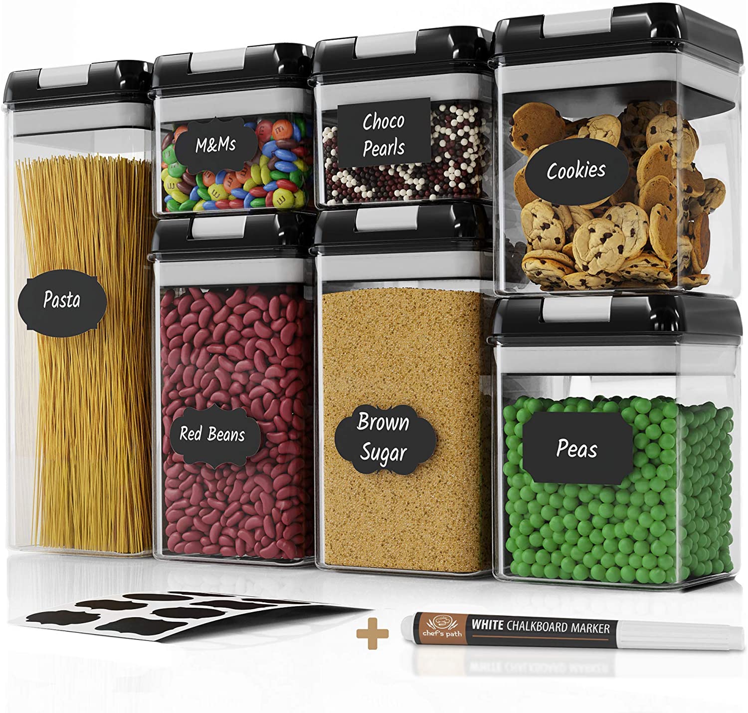 Amazon.com - 密封食品储存容器套装 - 7 件 - 食品储藏室组织和储存 100% 密封、不含 BPA 的透明塑料、用于面粉、糖和谷物的厨房罐、标签和标记（黑色） 