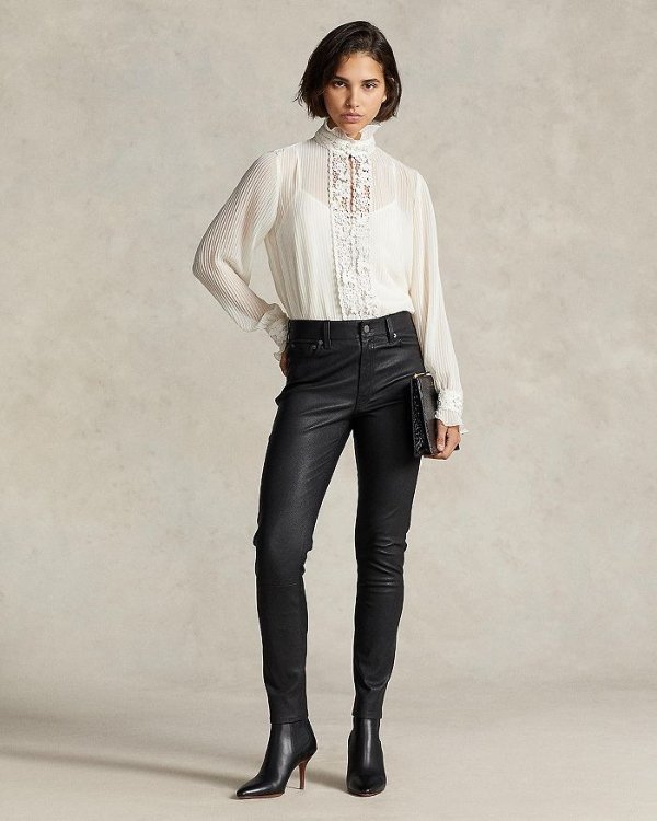 Lace Trim Pintucked Ruffle Blouse