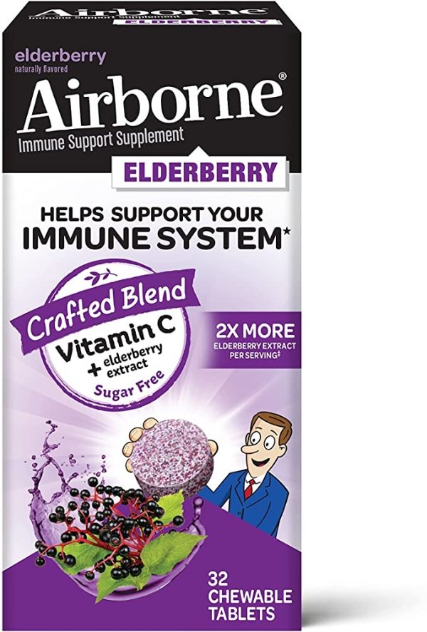 Elderberry Extract + Vitamin C 200mg (per serving) - Chewable Tablets (32 count in a box), Sugar Free Immune Support Supplement, Non-GMO, Naturally Flavored, No Color Added, Antioxidants