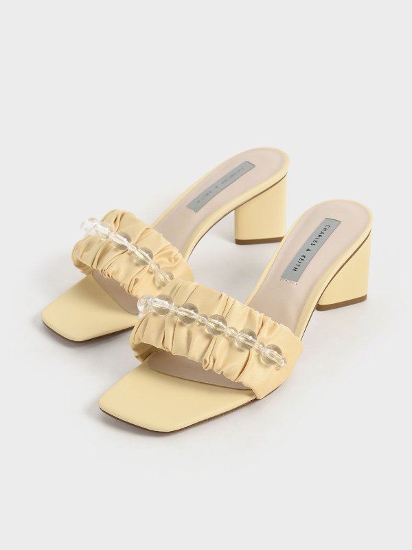 Yellow Beaded Ruched-Strap Satin Mules | CHARLES &amp; KEITH