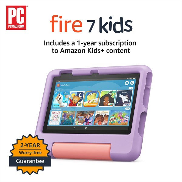 Amazon Fire 7 Kids tablet, 7" display, ages 3-7, with ad-free content kids love, 2-year worry free guarantee, parental controls, 32 GB, (2022 release)