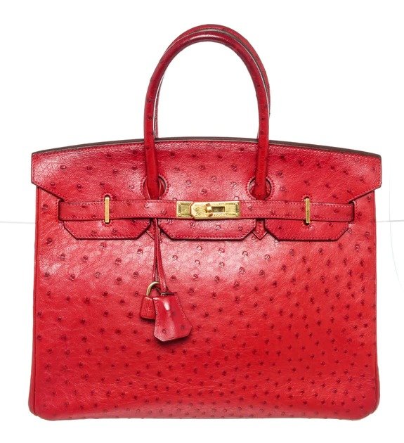 Red Leather Ostrich GHW Birkin 35cm Satchel Bag