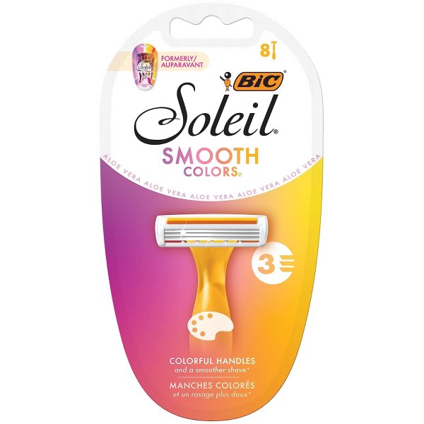 BIC Soleil SMOOTH COLORS Disposable Razors for Women Sensitive Skin Razor With Aloe Vera and Vitamin E Lubricating Strip and 3 Blades, 8 Piece Razor Set