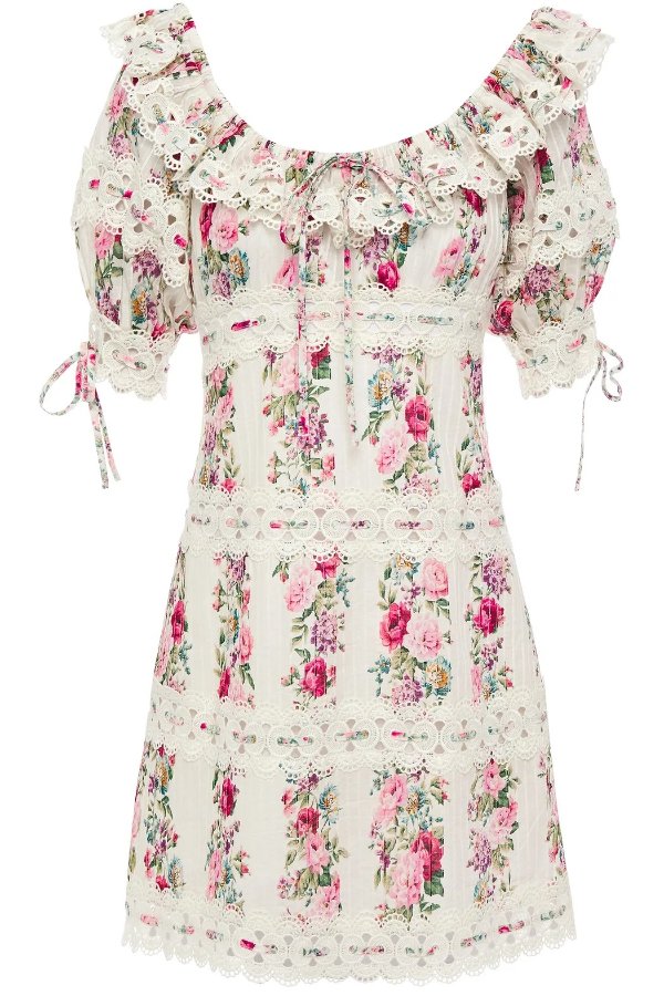 Honour crochet-trimmed pintucked floral-print cotton mini dress