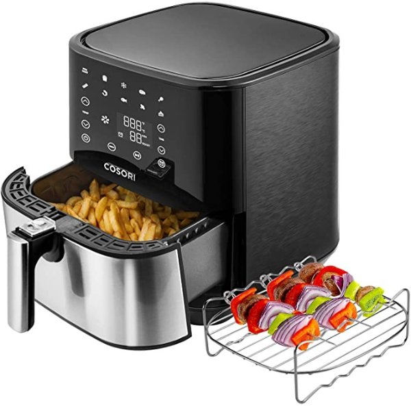 Stainless Steel Air Fryer (100 Recipes, Rack & 5 Skewers), 5.8Qt Large Air Fryers XL Oven Oilless Cooker, Preheat/Alarm Reminder, 9 Presets, Nonstick Basket, ETL Listed