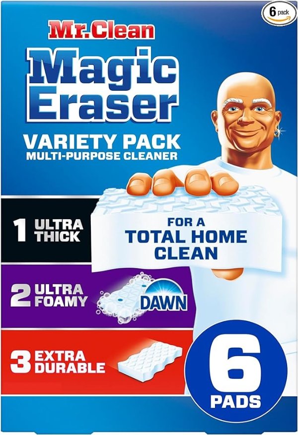 Mr. Clean Magic Eraser Variety Pack with Ultra Thick, Ultra Foamy, and Extra Durable Multi Purpose Cleaner, Magic Eraser Sponge Multi Surface Cleaner, 6ct