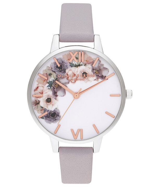 Women's Watercolour Floral Gray Lilac Leather Strap Watch 34mm