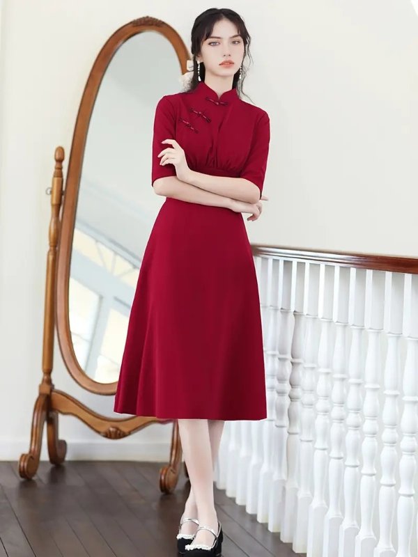 Chinese Vintage Red Cheongsam Ruched Short Sleeve Dress Women's Clothing | Shop On Temu And Start Saving | Temu