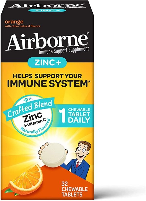 Zinc Vitamin C – Flavored Chewable Tablets in a Box Gluten Free NonGMO Immune Support Supplement No Color Added Naturally Flavored Antioxidants Tablet Daily, White, Orange, 32 Count