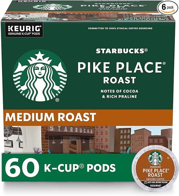 Pike Place Roast Medium Roast Single Cup Coffee for Keurig Brewers, 6 Boxes Of 10 (60 Total K Cup Pods)