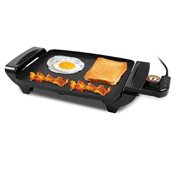 EGR2722A Electric 10.5" x 8.5" Griddle, Cool-touch Handles Non-Stick Surface, Removable/Adjustable Thermostat, Skid Free-Rubber Feet, Black