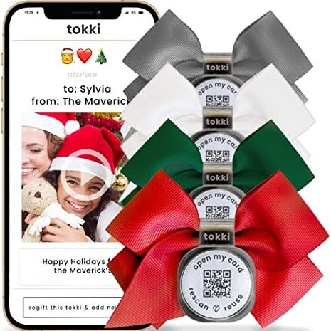 The Tokki | Personalized Greeting Card with Photo and Video | Easily Clips onto Any Gift with Reusable Gift Bow (Holiday, 4-pack)
