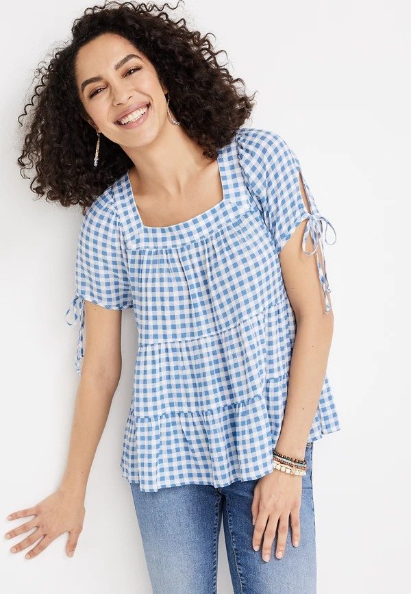 Tiered Gingham Babydoll Blouse