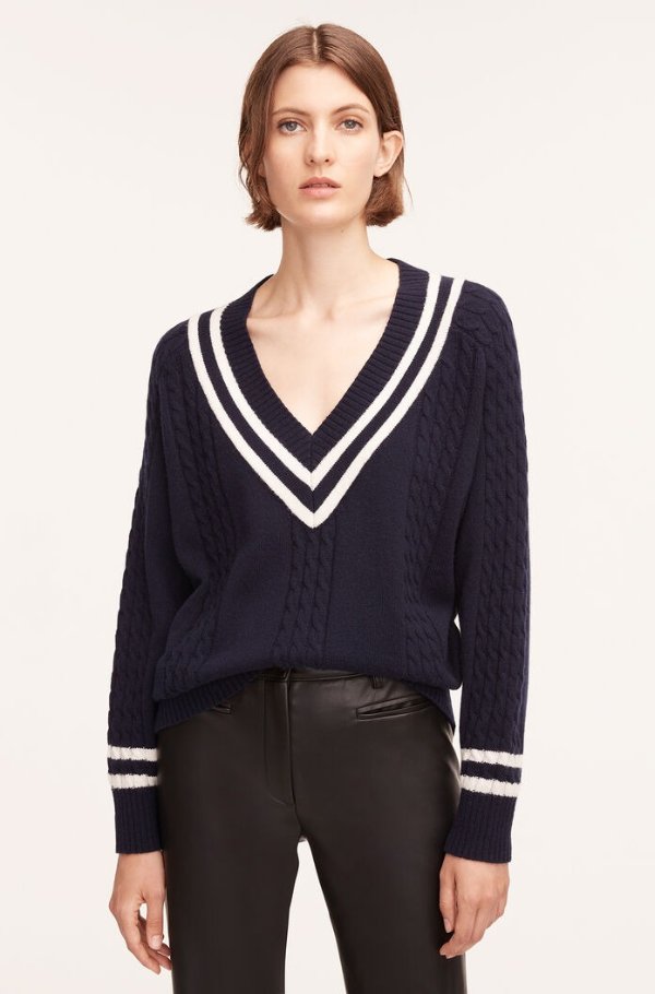 Contrast-Tipped V-Neck Sweater | Rebecca Taylor