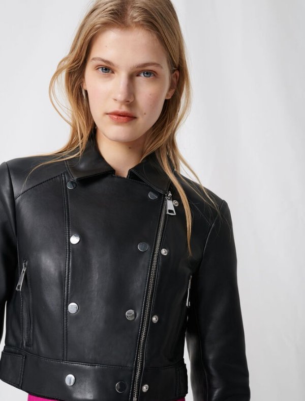 220BEVERLY Short leather jacket with asymmetric zip