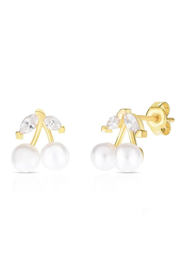 14K Gold Plated Sterling Silver Freshwater Pearl & CZ Stud Earrings