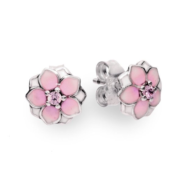 Magnolia Bloom Stud Earrings, Pale Cerise Enamel & Pink CZ