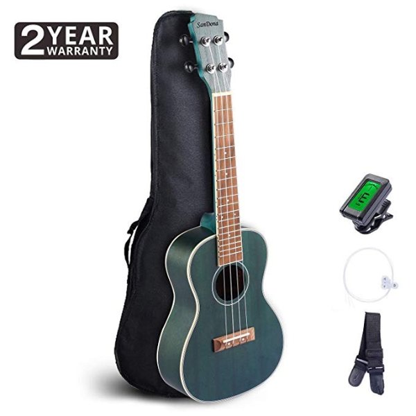 SANDONA Concert Ukulele 24 Inch Kit UKCB-MH | Sapele Solid Wood | Complete Concert Set with Strap, Premium Strings, Digital Tuner and Gig bag | Accurate Tuning | Forest Green