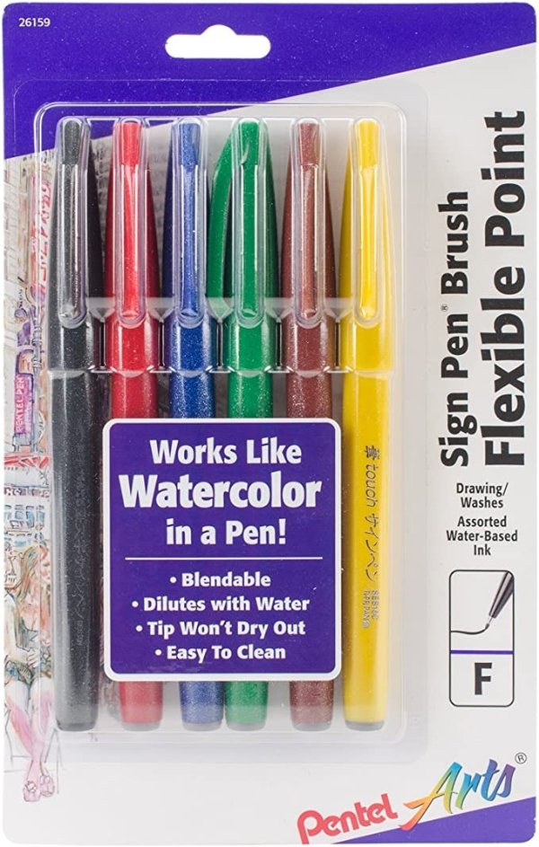 Arts Sign Pen Touch, Fude Brush Tip, Assorted Colors, Pack of 6 (SES15CBP6M)