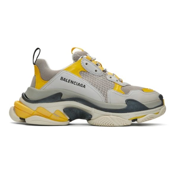 - Grey & Yellow Triple S Sneakers