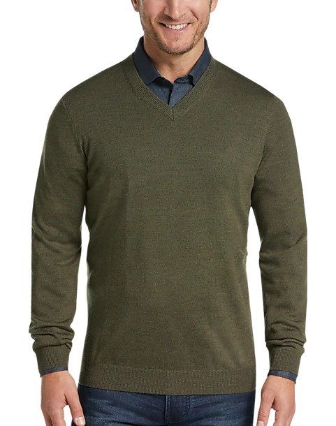 Dark Green V-Neck Merino Wool Sweater