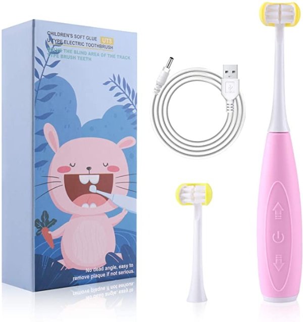 Kids Auto Toothbrush, U31 Sonic Electric Toothbrushes, Food Grade Silicone Triple Bristles, 2 Brush Heads (Pink)
