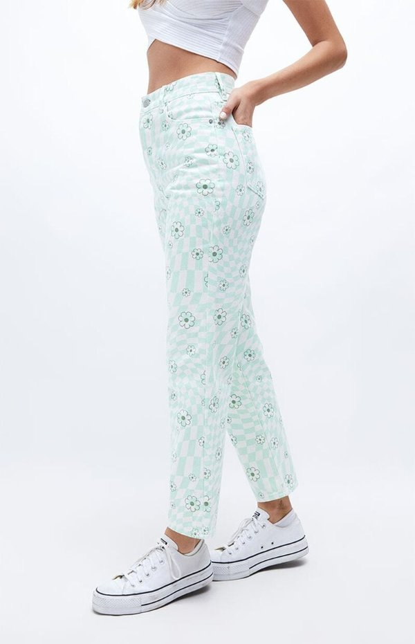 Eco Green Checkerboard Flower High Waisted Straight Leg Jeans |