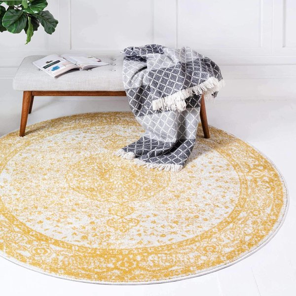 Unique Loom 黄白圆形装饰地毯 5' 0 x 5' 0