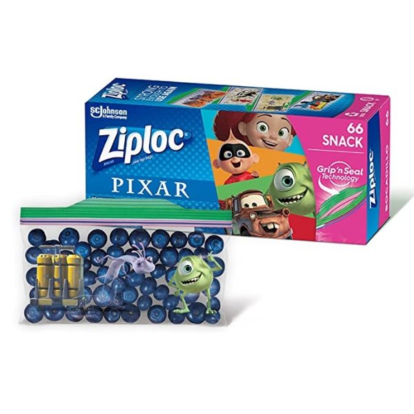 Snack Bags for On the Go Freshness, Grip 'n Seal Technology for Easier Grip, Open, and Close, 66 Count, Pixar Designs