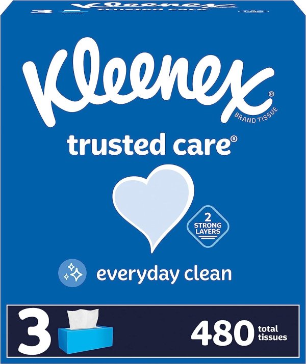 Kleenex Trusted Care Facial Tissues, 3 Flat Boxes, 160 Tissues per Box
