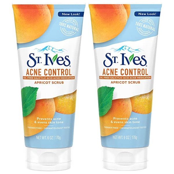 Acne Control Face Scrub Apricot, Minimize Pores, Prevent Acne and Blemishes, With Salicylic Acid ,100% Natural Exfoliants, 6 oz, Twin Pack