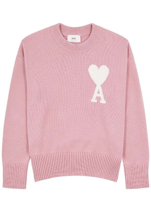 Pink logo-intarsia cotton-blend jumper