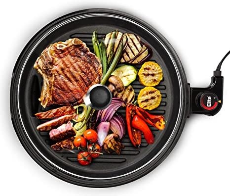 EMG6505G# Smokeless Indoor Electric BBQ Grill w/ Glass Lid, Dishwasher Safe, PFOA-Free Nonstick, Adjustable Temp, Fast Heat Up, Low-Fat Meals Easy to Clean, 12 Inch, Stainless